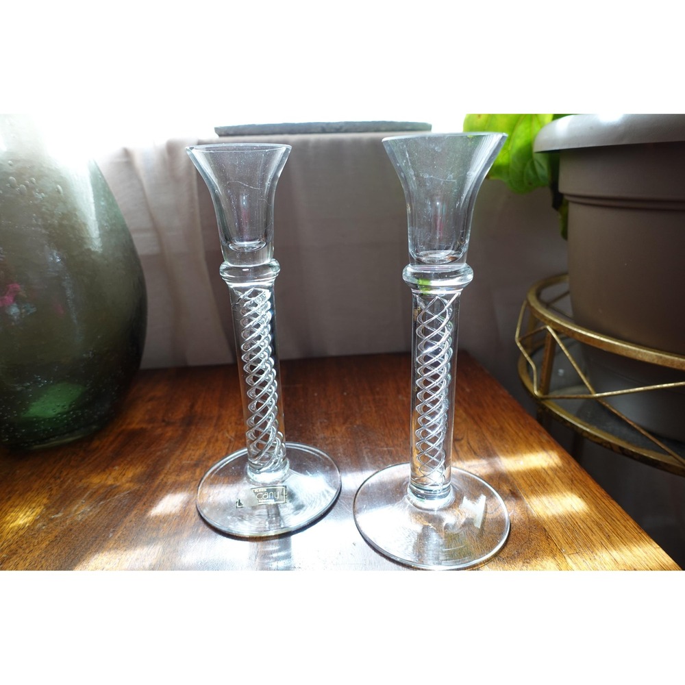 Vtg Tuscany Romania Clear Glass Candlestick Holders with Twisted Stem, Set‎ of 2